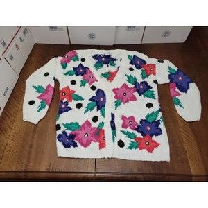 Izod Hand Knit Sweater Flowers Pink Purple Orange M Cute Y2K Hong Kong Deep V